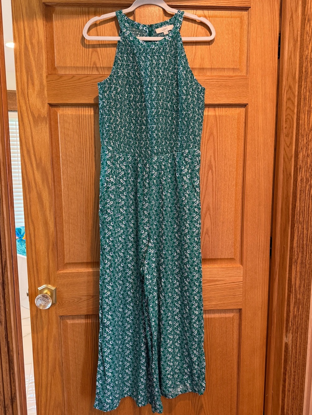 LOFT Green Smocked Bodice Floral Halter Jumpsuit